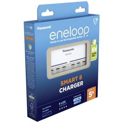 Emballage du chargeur Panasonic eneloop Smart 8, indiquant qu'il est adapté aux piles rechargeables AA et AAA.