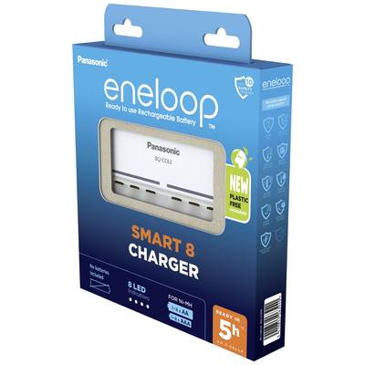 Emballage d'un chargeur Panasonic eneloop Smart 8. Présente le chargeur pour piles AA et AAA dans un emballage sans plastique.