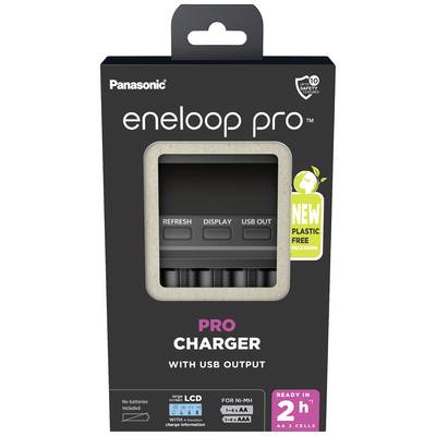 Chargeur 'Eneloop Pro' avec sortie USB dans un emballage écologique. Comprend des fonctionnalités telles que Refresh, Affichage et Sortie USB.