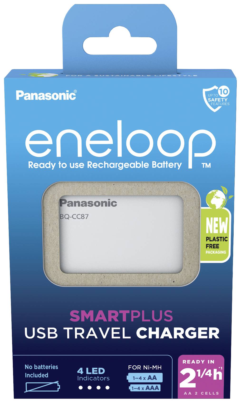 Chargeur de voyage intelligent Panasonic eneloop Smart Plus USB dans un emballage bleu. Indications sur les voyants LED et la compatibilité avec les piles AA/AAA.