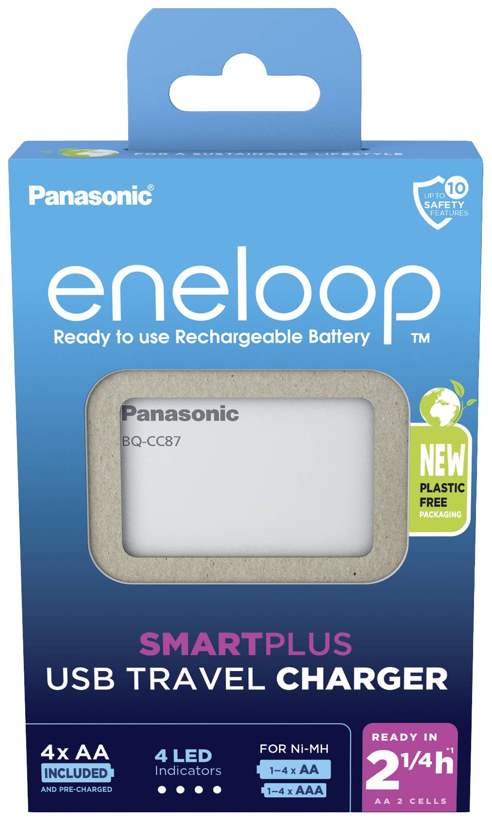 Chargeur USB de Panasonic en blister, contenant quatre piles AA, compatible avec les batteries Ni-MH. Charge rapide en 2 heures.