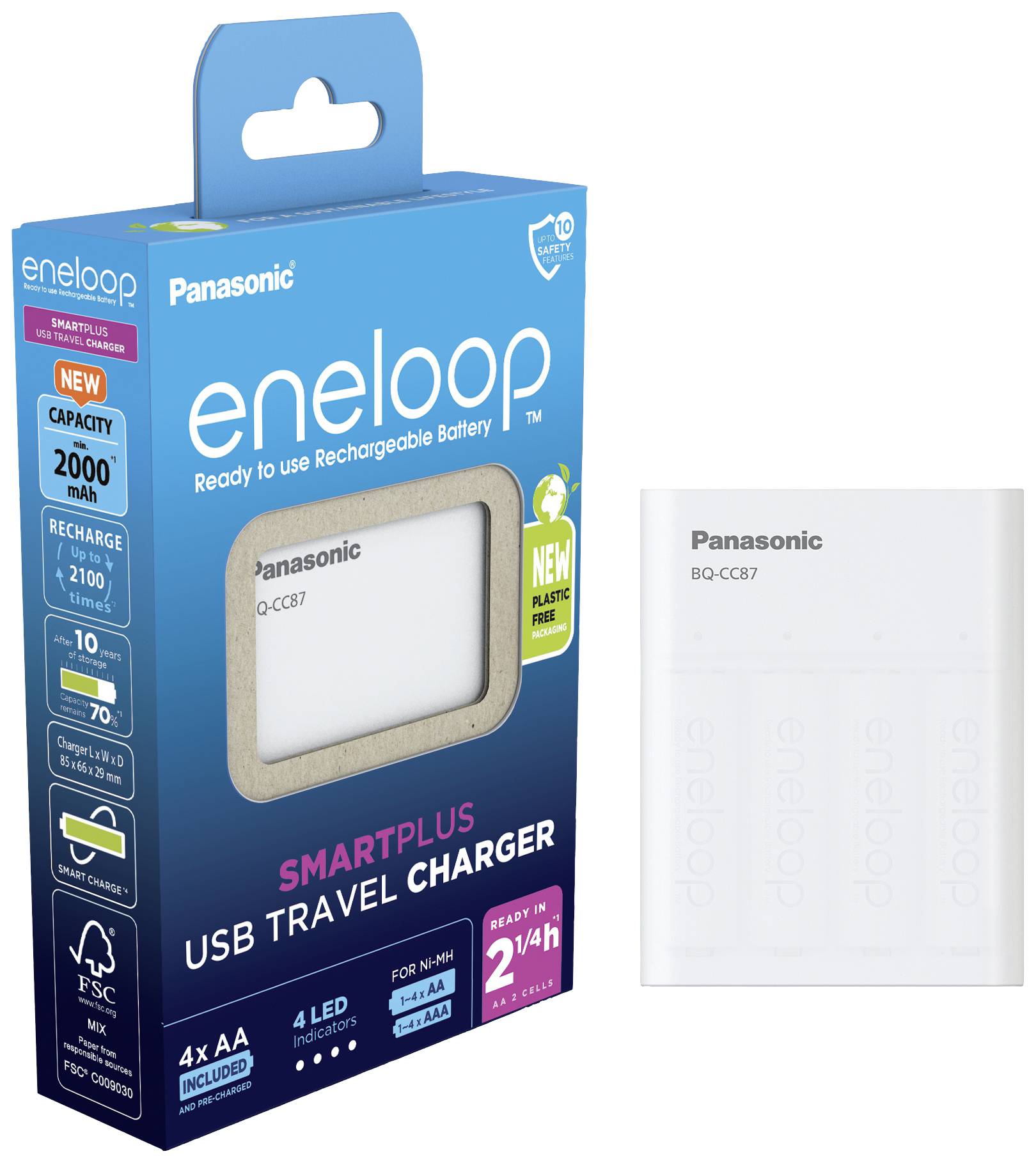 L'illustration montre un chargeur de voyage USB Panasonic eneloop SmartPlus dans son emballage. Le chargeur est adapté aux piles AA.