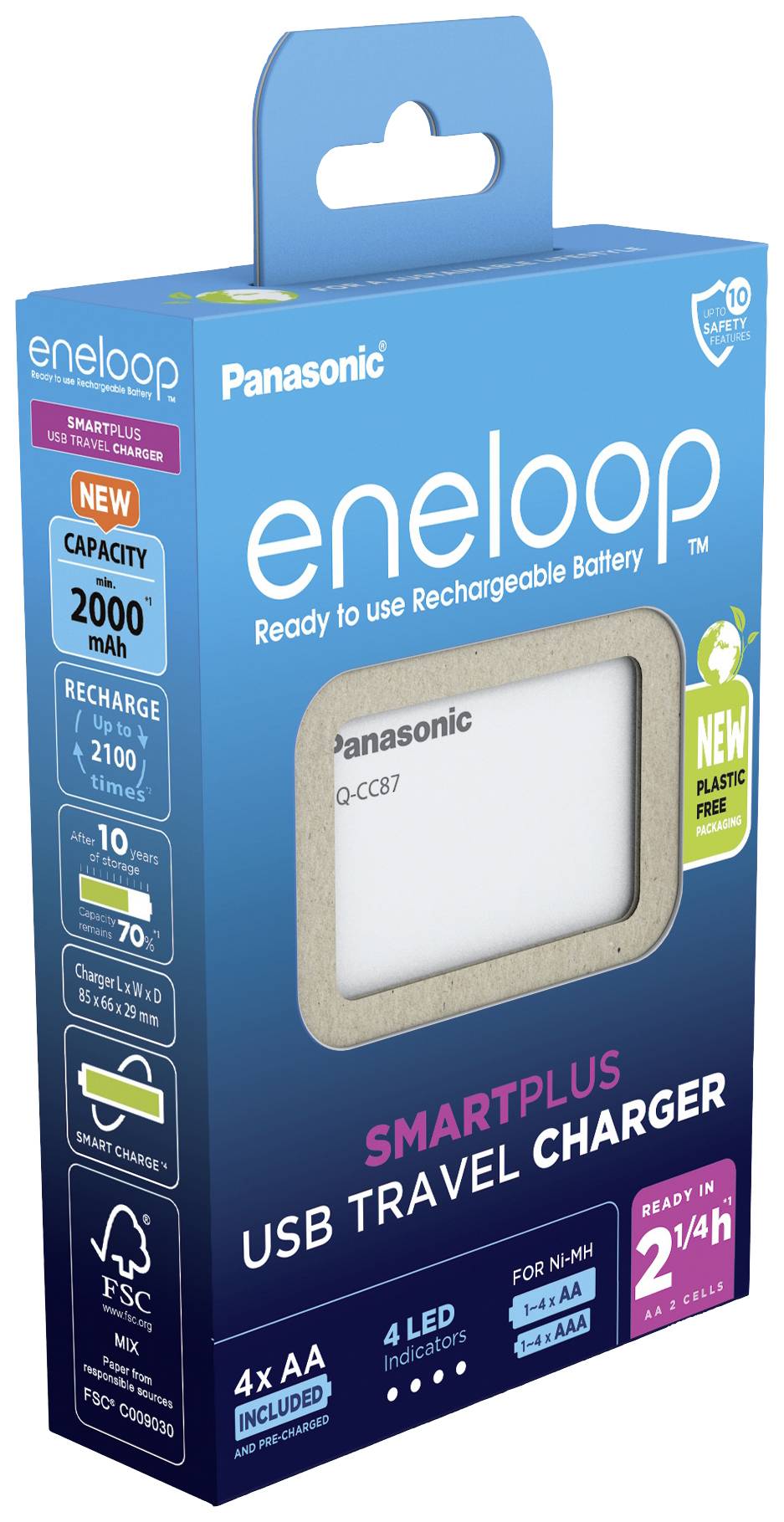 Emballage d'un chargeur de voyage USB Panasonic 'eneloop SMARTPLUS' avec batteries 2000mAh, temps de charge : 2-4 heures, certifié FSC.