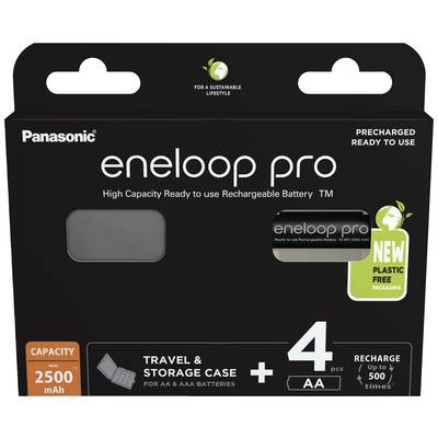 Emballage de piles Panasonic Eneloop Pro. Contient 4 piles AA avec une capacité de 2500 mAh. Promues comme rechargeables et durables.