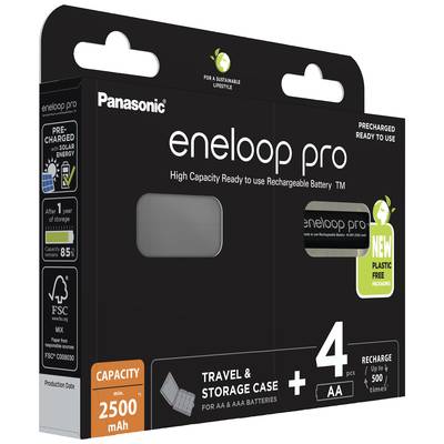 Emballage de piles Panasonic eneloop pro, quatre piles AA rechargeables, 2500 mAh, avec boîte de transport et de rangement, matériaux respectueux de l'environnement.