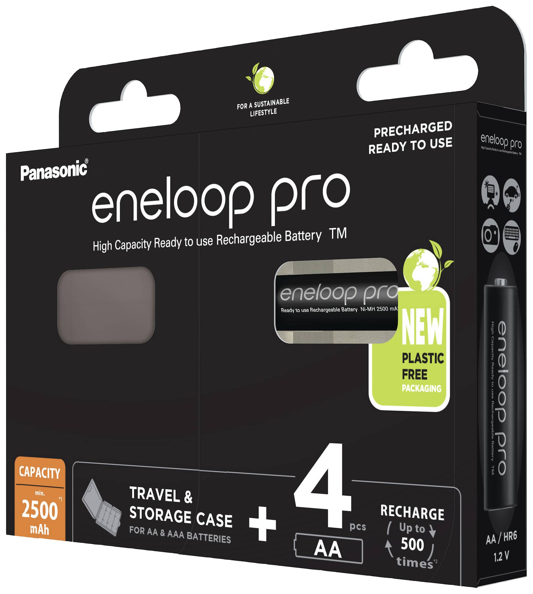 Pack de batteries 'Panasonic eneloop pro' avec 4 piles AA, capacité de 2500 mAh, préchargées, en emballage sans plastique. Adapté pour les voyages.