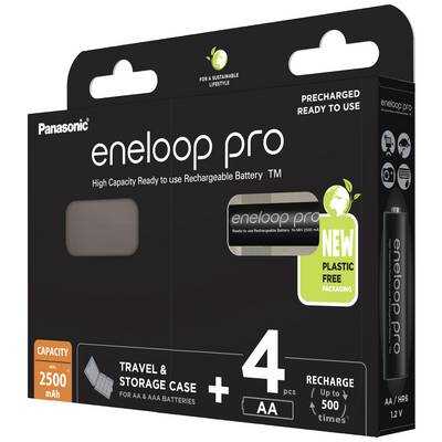 Pack de batteries 'Panasonic eneloop pro' avec 4 piles AA, capacité de 2500 mAh, préchargées, en emballage sans plastique. Adapté pour les voyages.