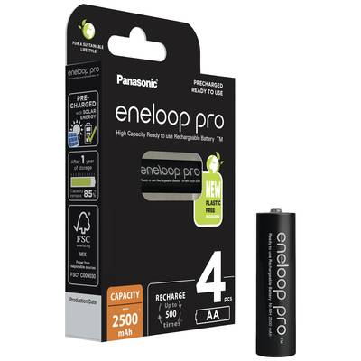 Emballage de 4 piles rechargeables AA Panasonic eneloop pro, capacité de 2500 mAh, emballage sans plastique.