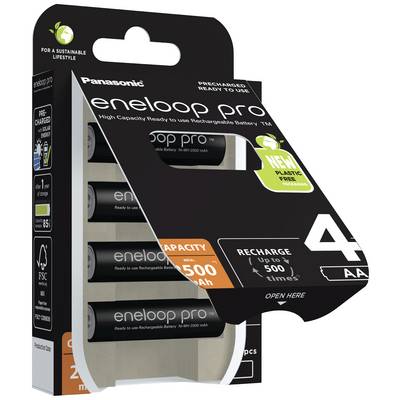 Pack de 4 piles rechargeables AA Panasonic 'eneloop pro', capacité 2500 mAh, jusqu'à 500 cycles de charge, dans un emballage sans plastique.