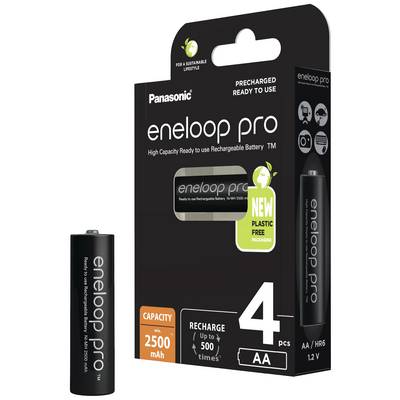 Lot de 4 piles AA 'eneloop pro', pré-chargées, capacité de 2500 mAh, rechargeables jusqu'à 500 fois.