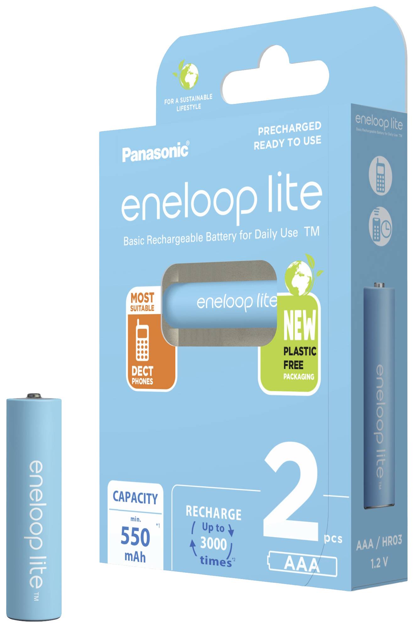 'Piles AAA Panasonic eneloop lite, 550 mAh, rechargeables jusqu'à 3000 fois, lot de 2, batteries bleues avec emballage produit.'