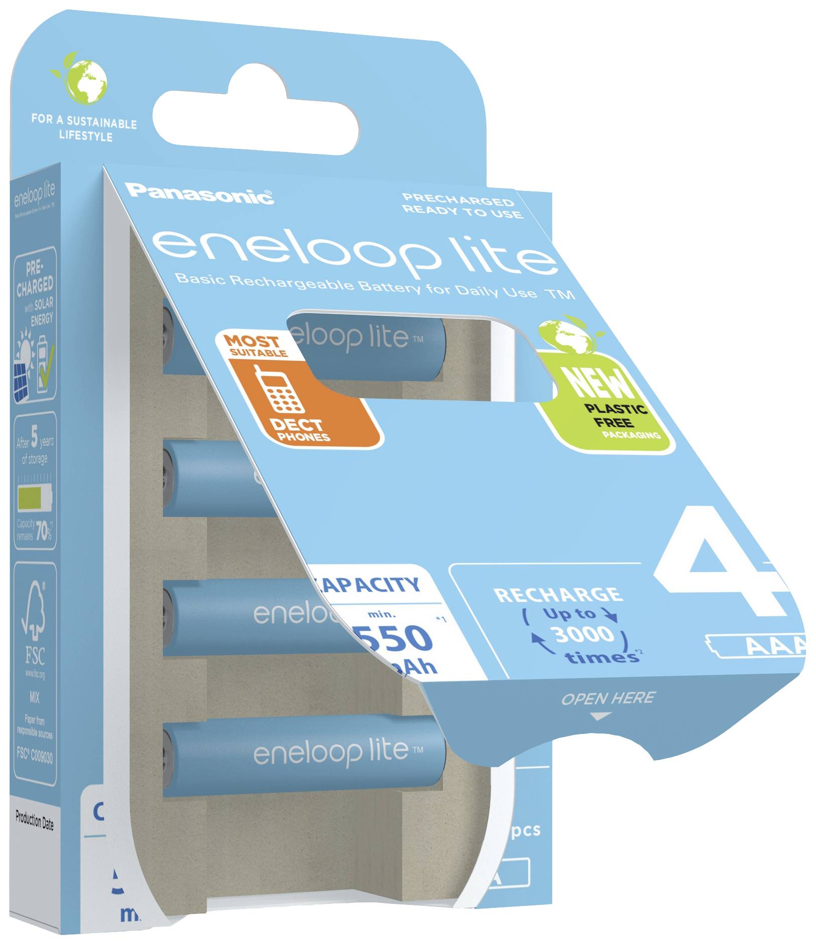 Piles rechargeables Panasonic eneloop lite, format AA, préchargées, rechargeables jusqu'à 300 fois, capacité de 550 mAh, emballage écologique.