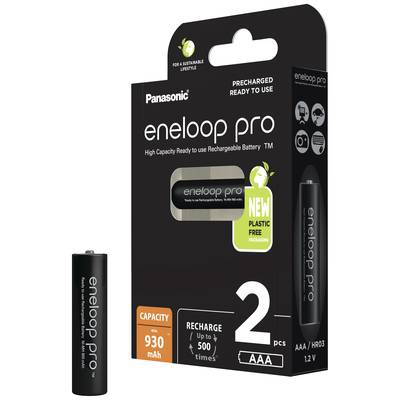 Emballage de deux piles rechargeables Panasonic Eneloop Pro AAA, pré-chargées, capacité de 930 mAh, design éco-responsable.