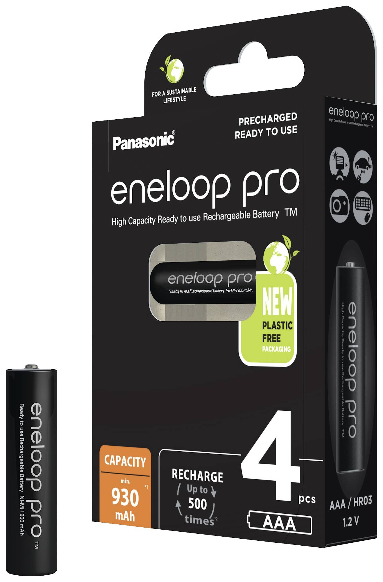 L'emballage de 'Panasonic eneloop pro' présente quatre piles AAA rechargeables d'une capacité de 930 mAh, rechargeables jusqu'à 500 fois.
