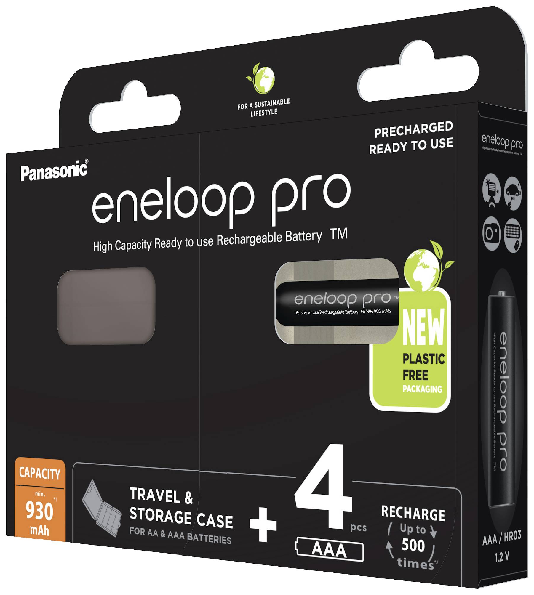 Pack de batteries rechargeables Panasonic eneloop pro avec 4 piles AAA, rechargeables jusqu'à 500 fois, avec étui de voyage inclus.