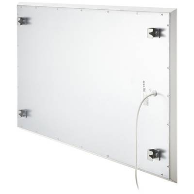 Arrière d'un panneau de chauffage infrarouge blanc rectangulaire avec quatre supports de fixation dans chaque coin et un câble apparent.