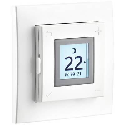 Un thermostat d'ambiance numérique affiche 22 degrés Celsius sur son écran. Un symbole de lune indique le mode nuit, lundi, 00:21.