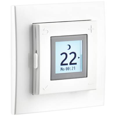 Un thermostat numérique affiche 22 degrés Celsius, avec une phase lunaire symbolisée. Des touches permettent d'augmenter ou de diminuer la température.