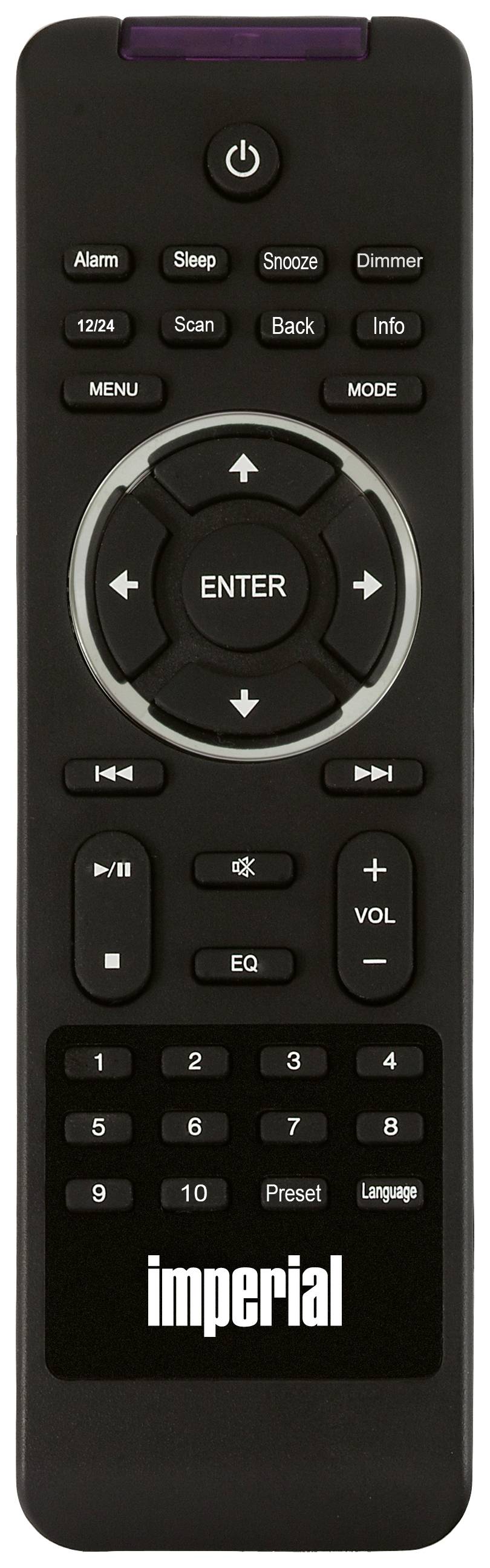 Télécommande noire avec touches pour le volume, le mode, le menu, la mise en veille, le variateur et les numéros. Marquage 'imperial' au bas.