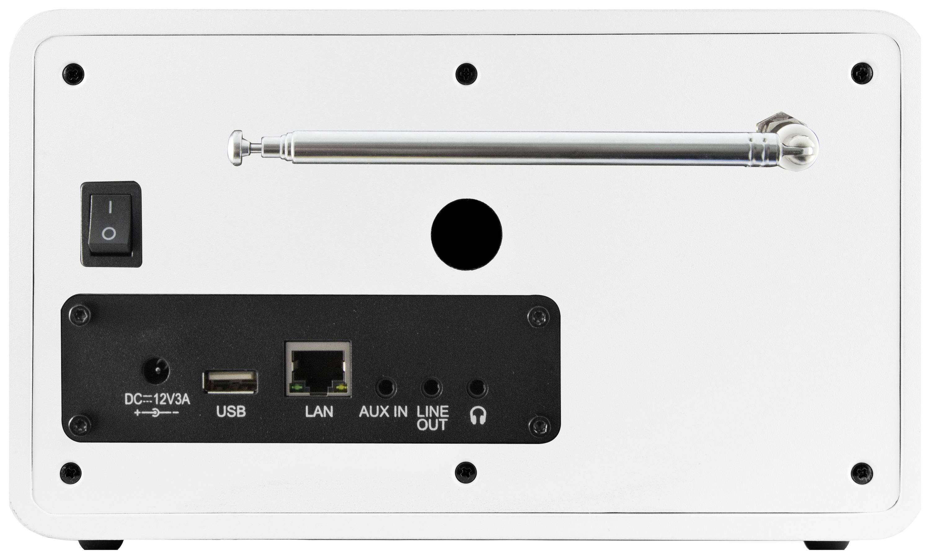Arrière d'un radio portable blanc avec des connexions : Alimentation, USB, LAN, AUX, Line Out. Interrupteur marche/arrêt et antenne visibles.