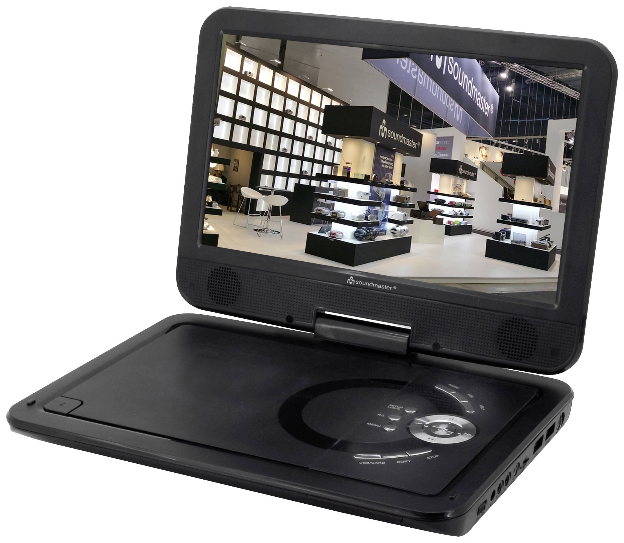 'Lecteur DVD portable posé sur une table, l'écran affiche un salon professionnel moderne avec différents stands et produits.'