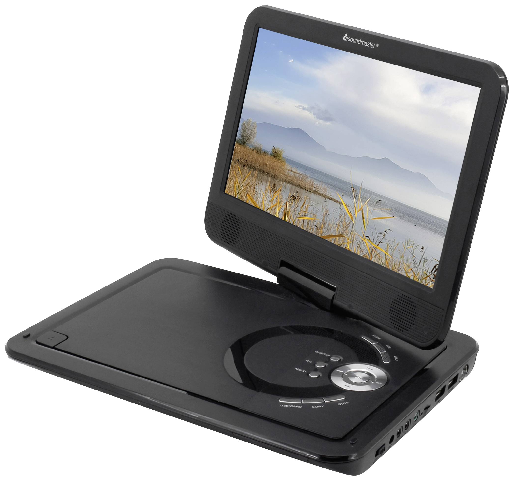 Un lecteur DVD portable à l'écran ouvert montre un paysage avec des montagnes, de l'eau et des roseaux.