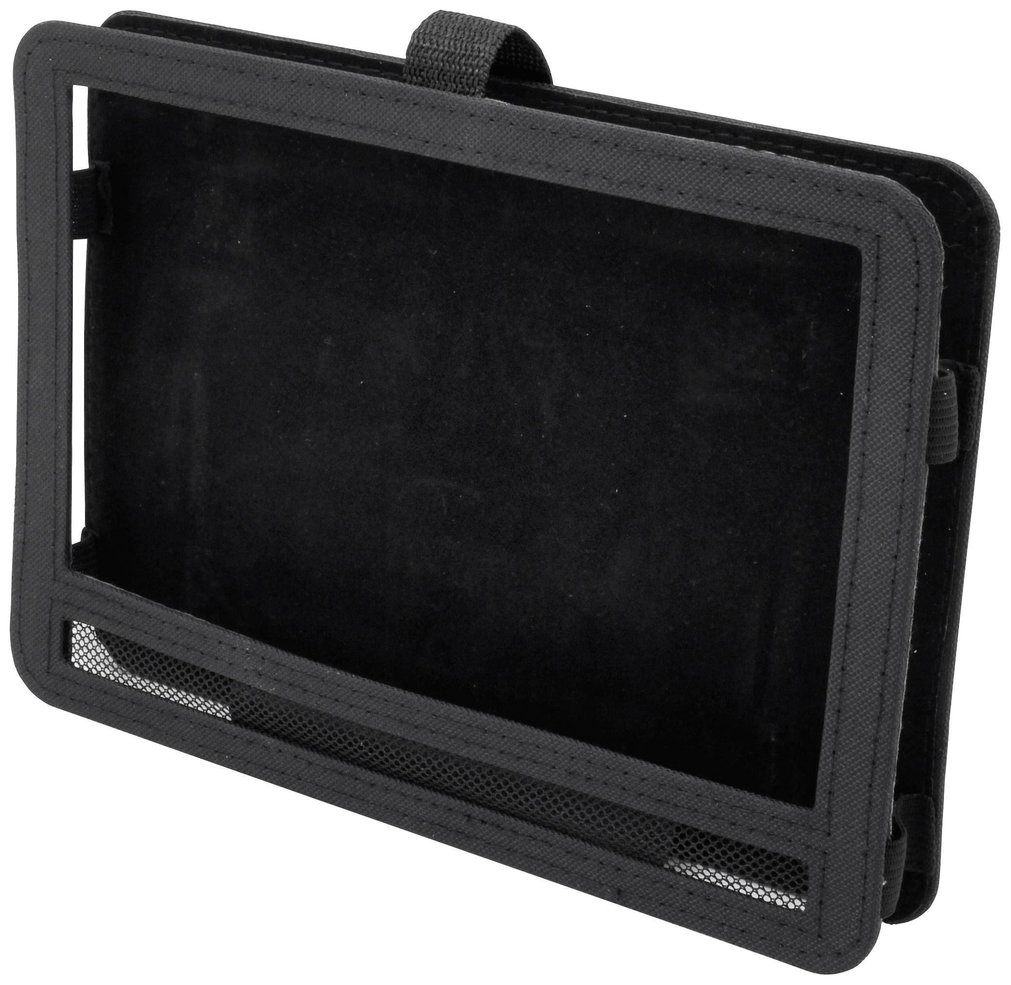 Un étui noir, rectangulaire et souple, doté de deux compartiments et d'une boucle sur le dessus.