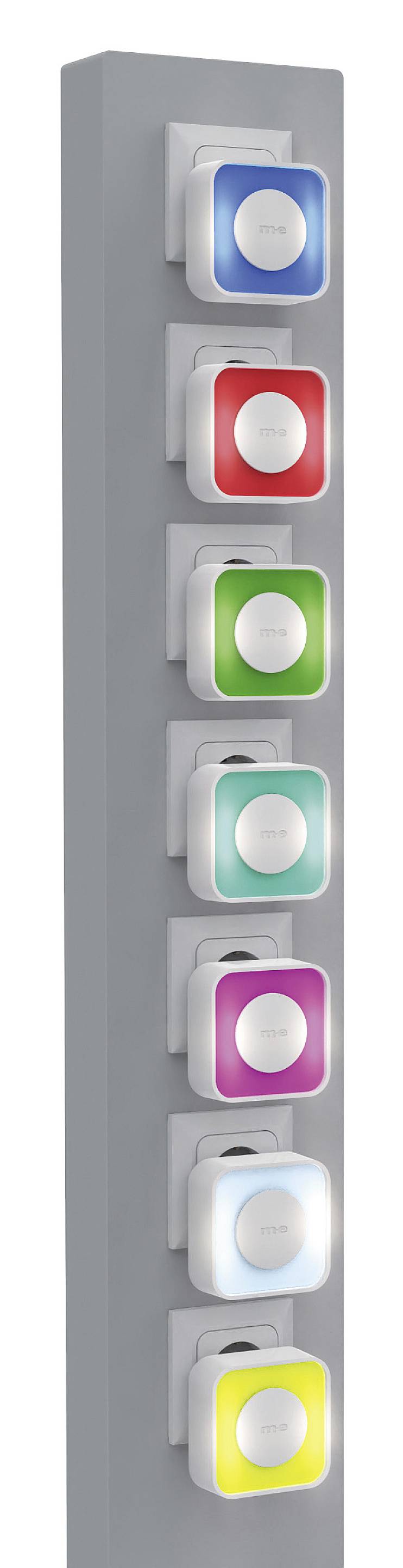 Six systèmes d'éclairage montés sur une colonne grise, dans différentes couleurs (bleu, rouge, vert, rose, blanc, jaune).