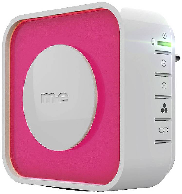 Un appareil électronique carré blanc avec des surfaces d'accentuation rose lumineux et plusieurs touches symboliques sur le côté.