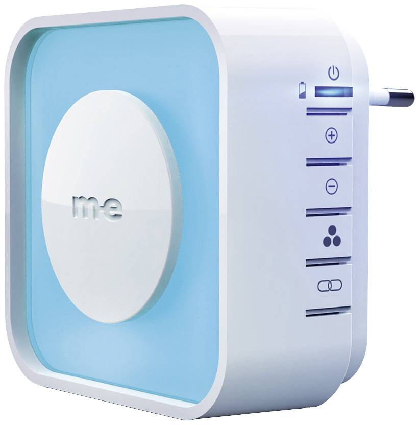 Un appareil domotique blanc et bleu avec un port USB et quatre boutons sur le côté.