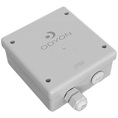 Appareil électronique rectangulaire gris portant l'inscription 'ODYON Wireless' et 'IP66' en haut. Adapté pour une utilisation en extérieur.