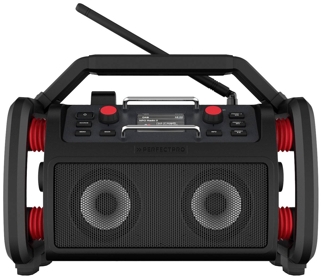 PerfectPro RockPro Baustellenradio DAB+, UKW AUX, Bluetooth®, USB Akku-Ladefunktion, spritzwassergeschützt, staubdicht,