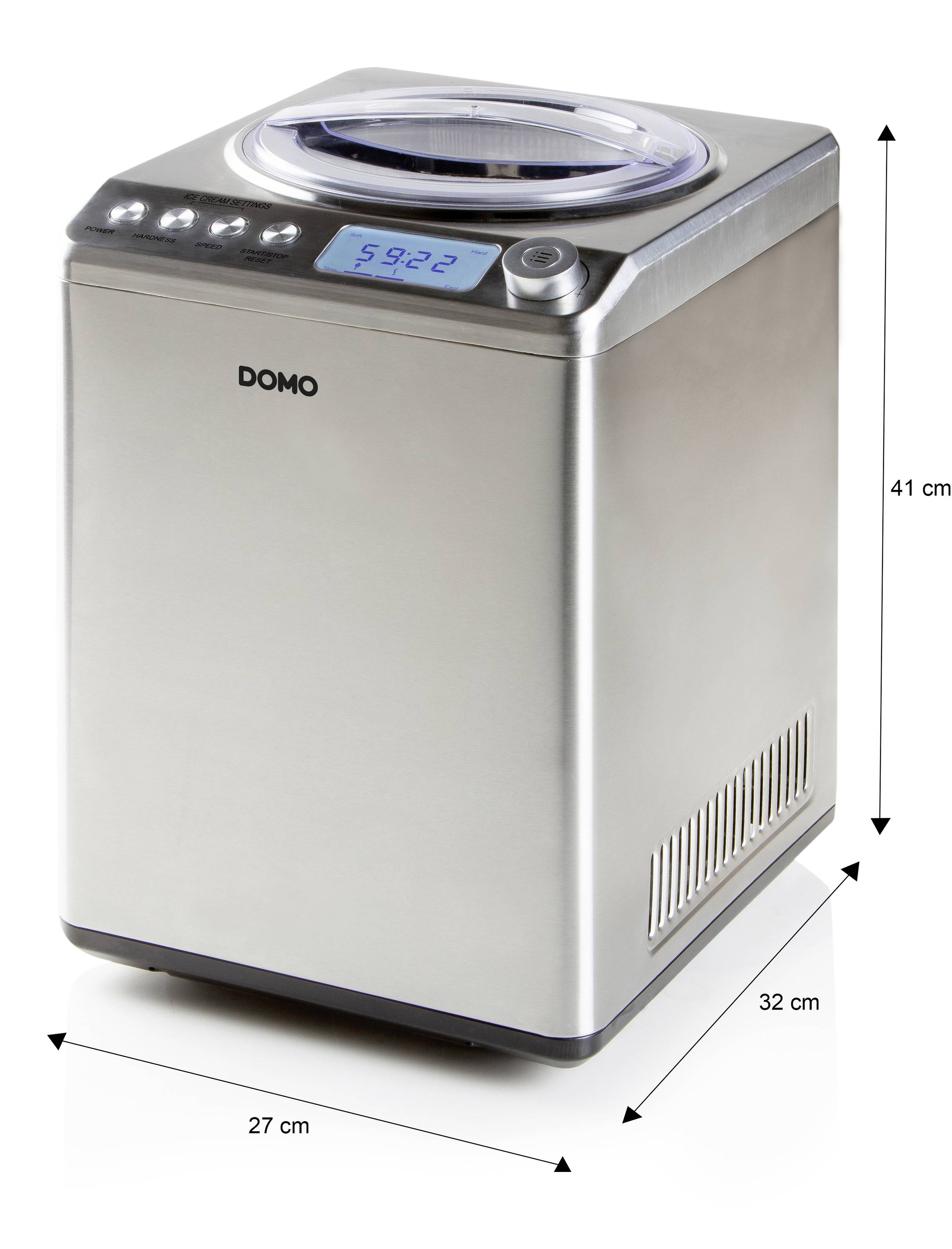 Machine à glace en acier inoxydable avec affichage numérique indiquant '59:22'. Dimensions : 41 cm de hauteur, 32 cm de profondeur, 27 cm de largeur.