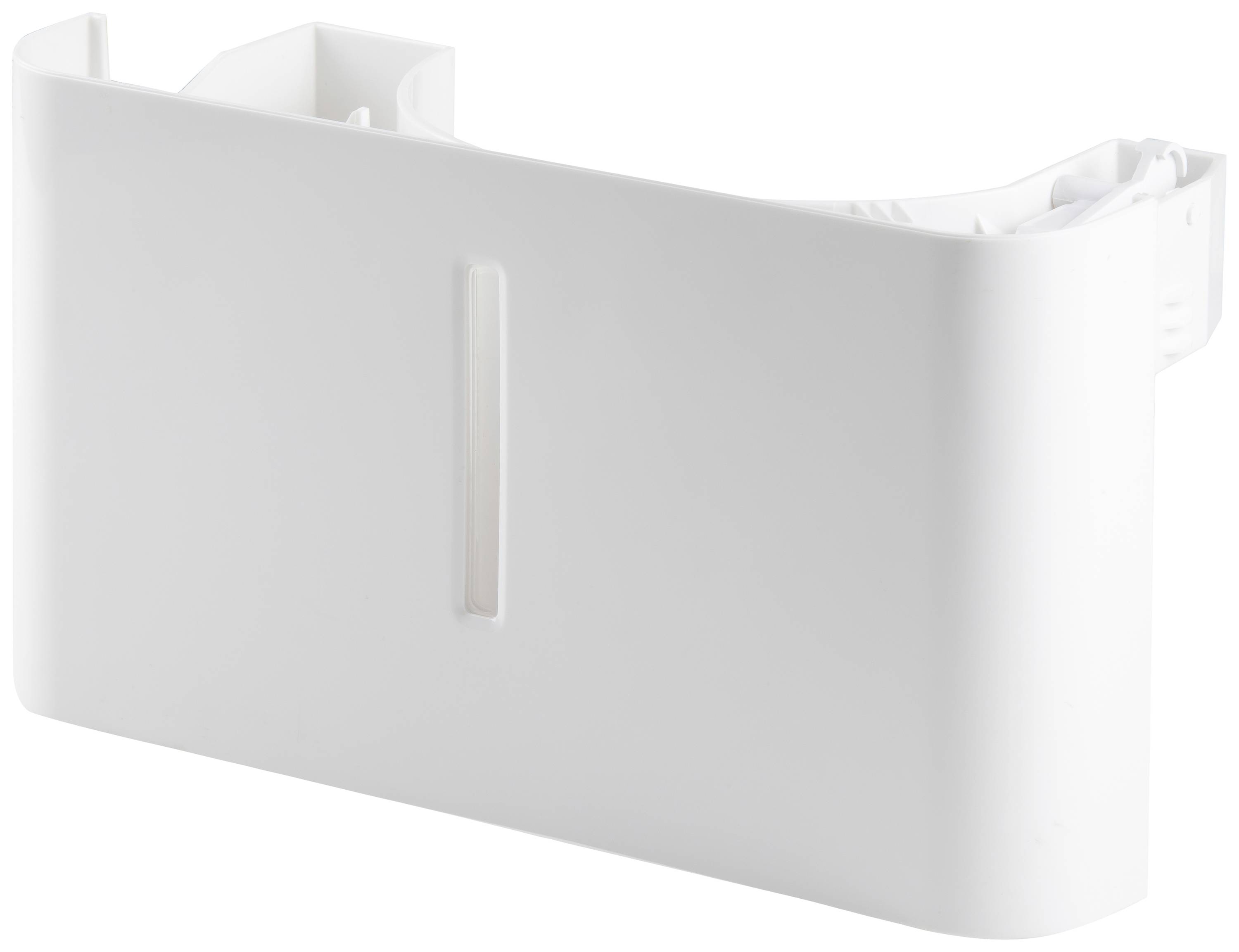 Un récipient rectangulaire blanc en plastique avec une encoche verticale au milieu, probablement un composant d'un système plus large.