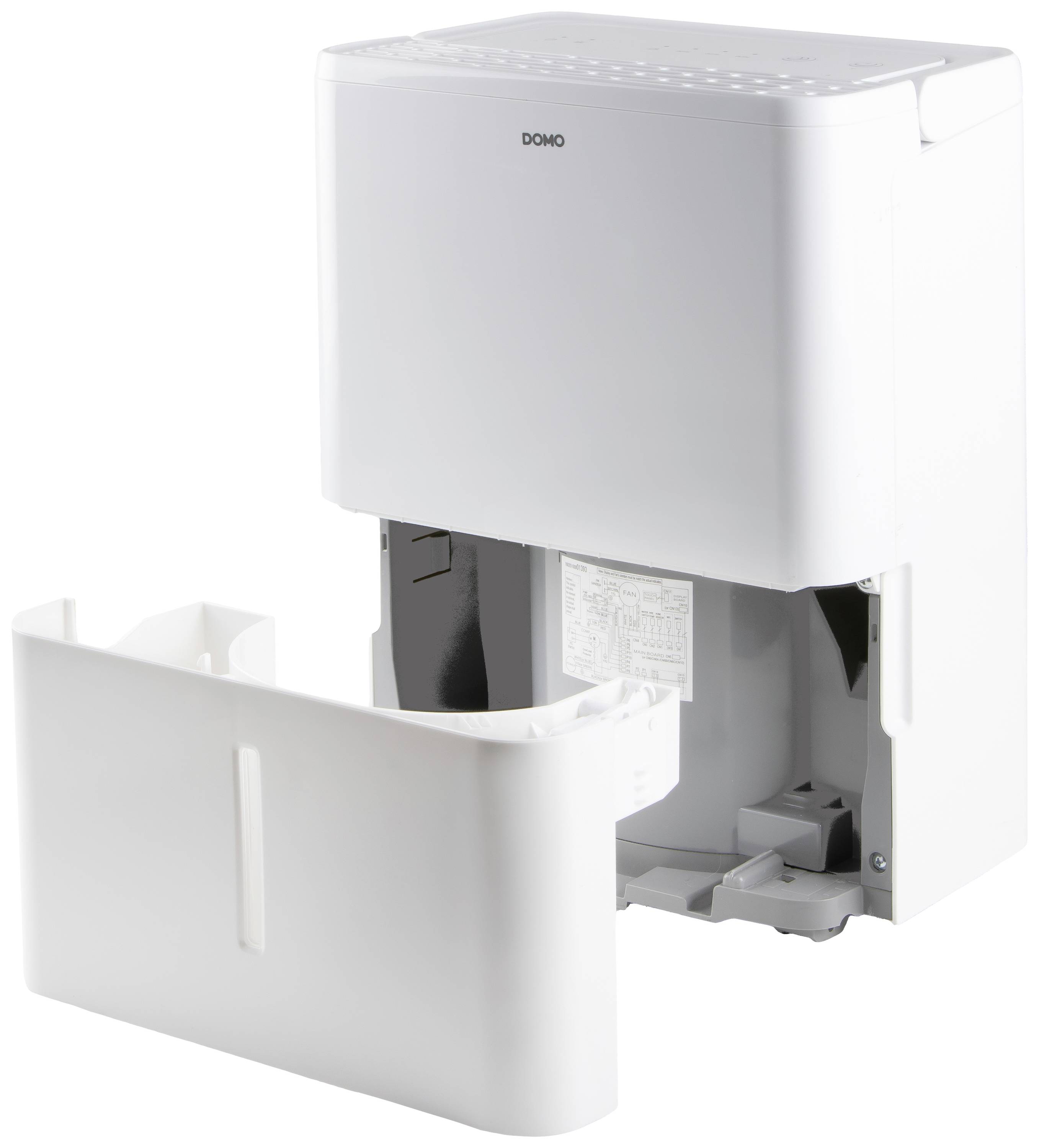 Un déshumidificateur blanc avec son couvercle de réservoir d'eau retiré montre l'intérieur de l'appareil.