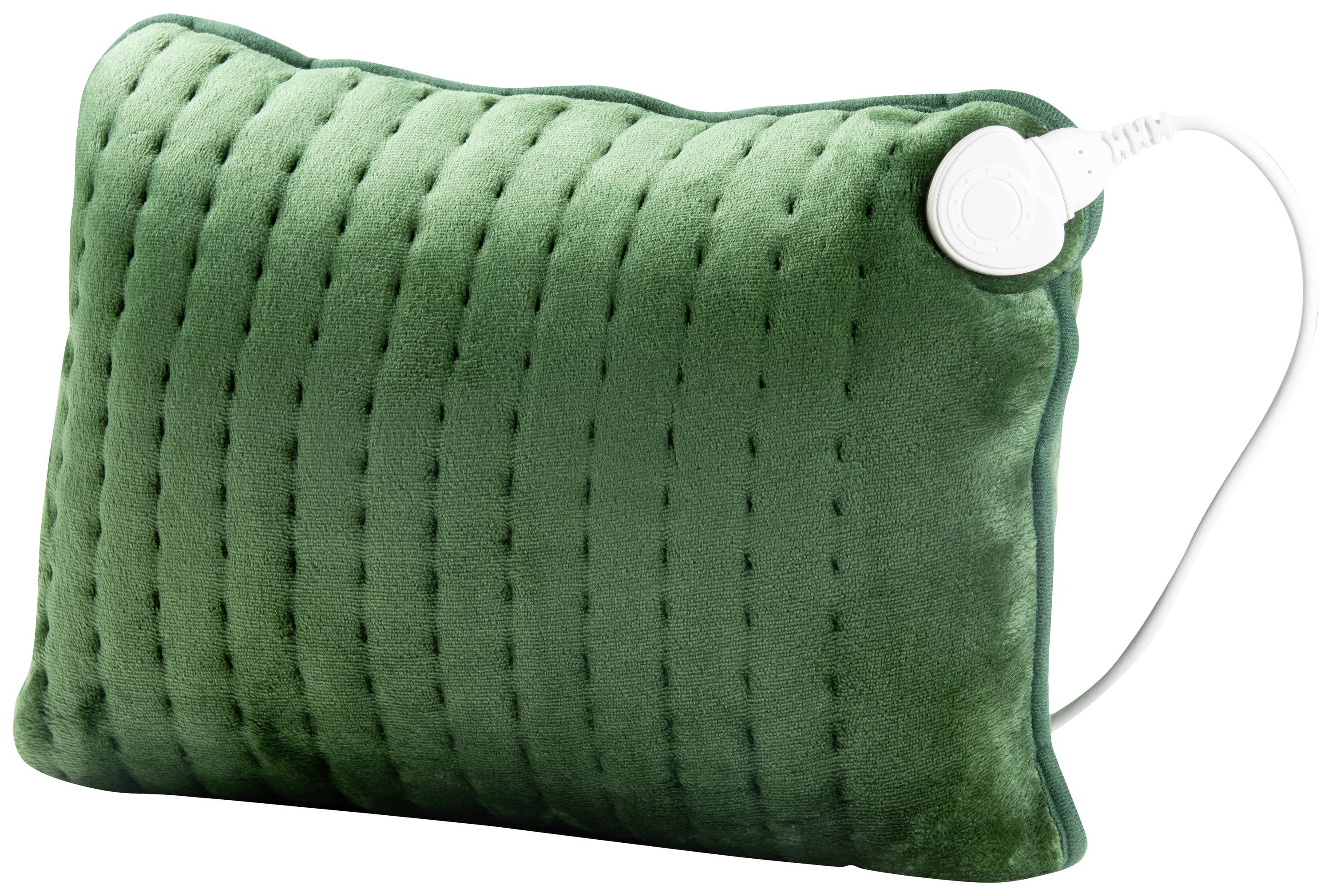 Coussin chauffant vert foncé, matelassé, avec une texture nervurée et un câble blanc raccordé, adapté pour la thermothérapie.