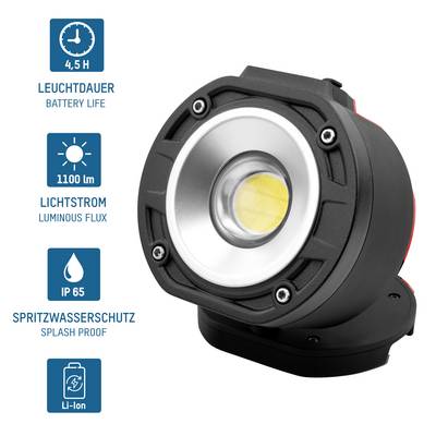 Lampe LED ronde noire avec indications : 4,5 heures d'autonomie, protection contre les éclaboussures IP65, flux lumineux de 215 lumens, batterie Li-Ion.