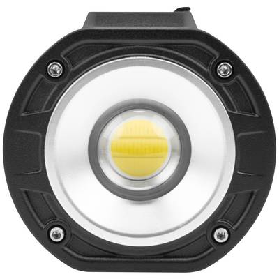Un objectif rond de lampe de poche noir avec quatre vis aux coins et un élément LED central lumineux.
