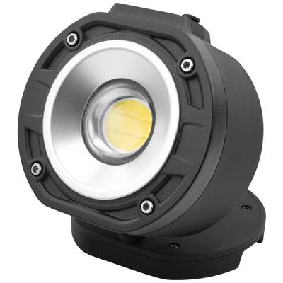 Un projecteur LED noir et rond, doté d'un réflecteur argenté et de quatre vis visibles aux coins, monté sur un support noir.
