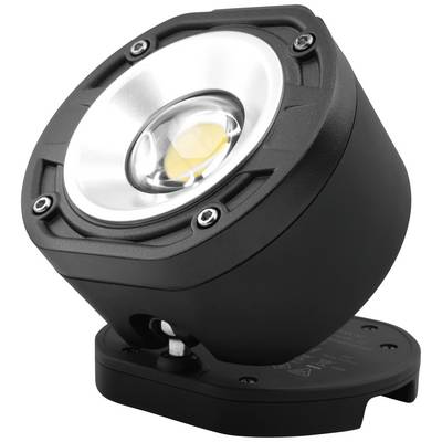 Projecteur LED noir en vue oblique, montrant la lentille LED lumineuse et le boîtier robuste. Idéal pour l'éclairage extérieur.