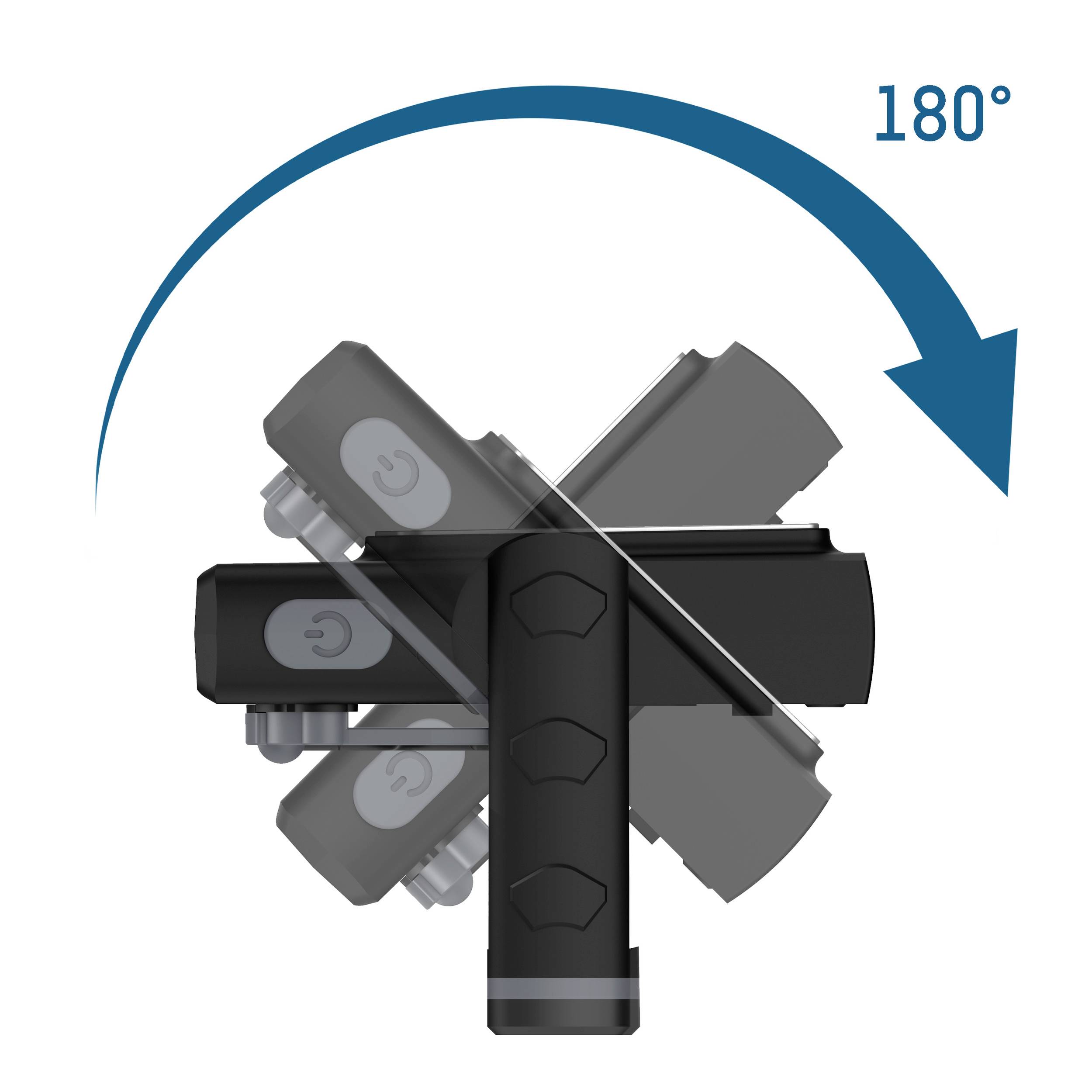 'Dispositif rotatif représenté à 180 degrés, illustrant sa flexibilité de positionnement. Adapté à des applications polyvalentes.'