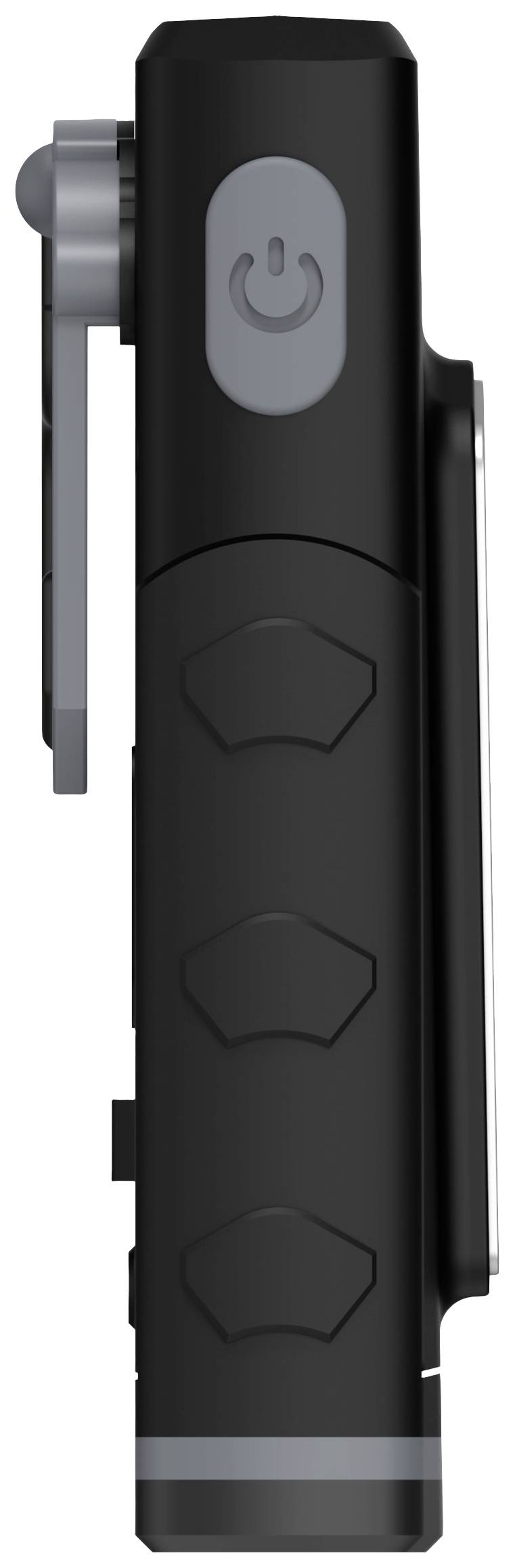 Appareil portable noir avec un bouton marche/arrêt gris et trois cavités arrondies sur le côté, vue latérale.