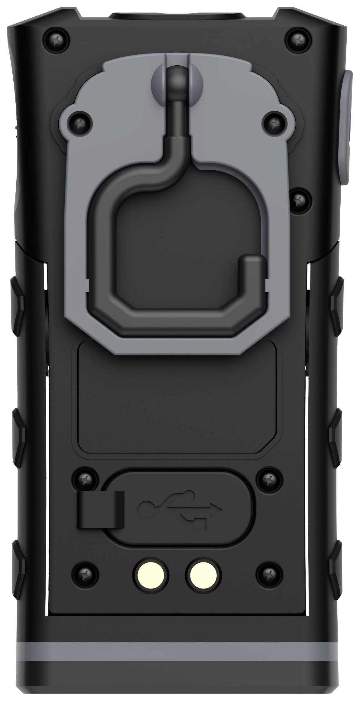 Appareil noir avec un dos robuste, support amovible et deux contacts électriques en bas.