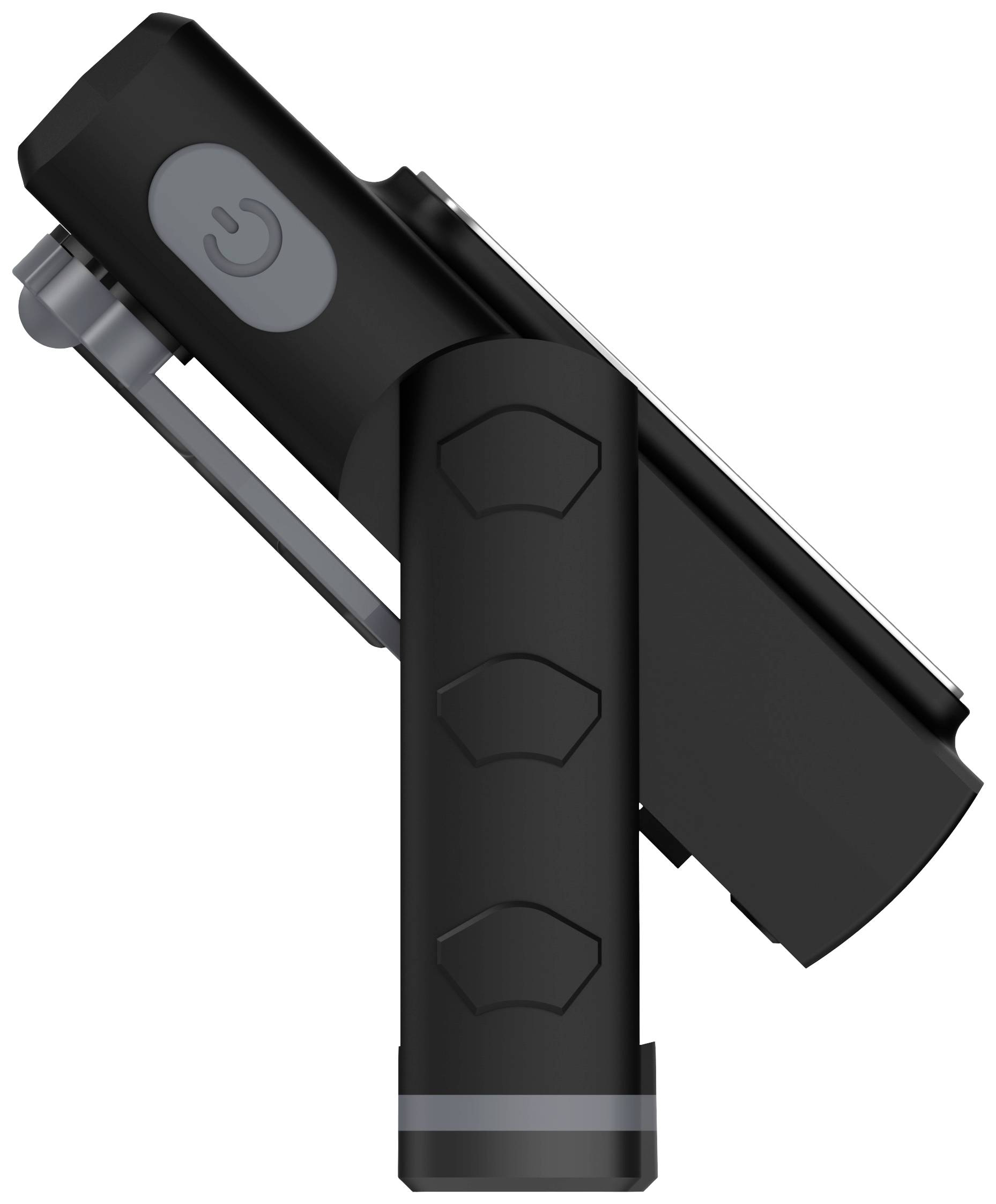 Lampe de poche noire avec tête rotative, clip latéral et bouton marche/arrêt.