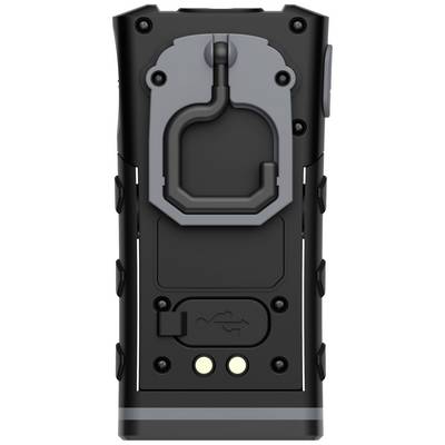 Un appareil portable noir avec une pince à l'arrière, probablement conçu pour une utilisation en extérieur ou au travail.