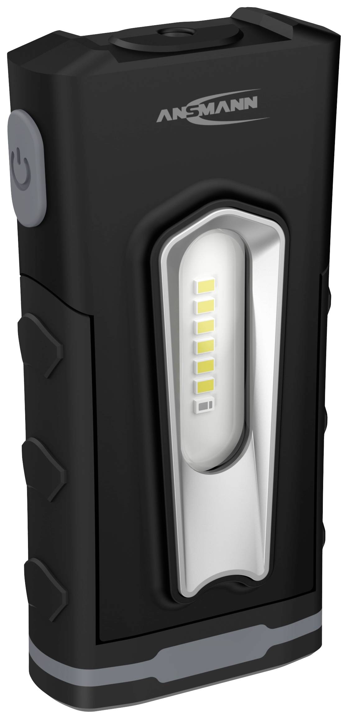 Lampe de travail LED portable noire avec bouton marche/arrêt sur le côté et zone lumineuse argentée. Pourrait être utile pour des travaux de bricolage.