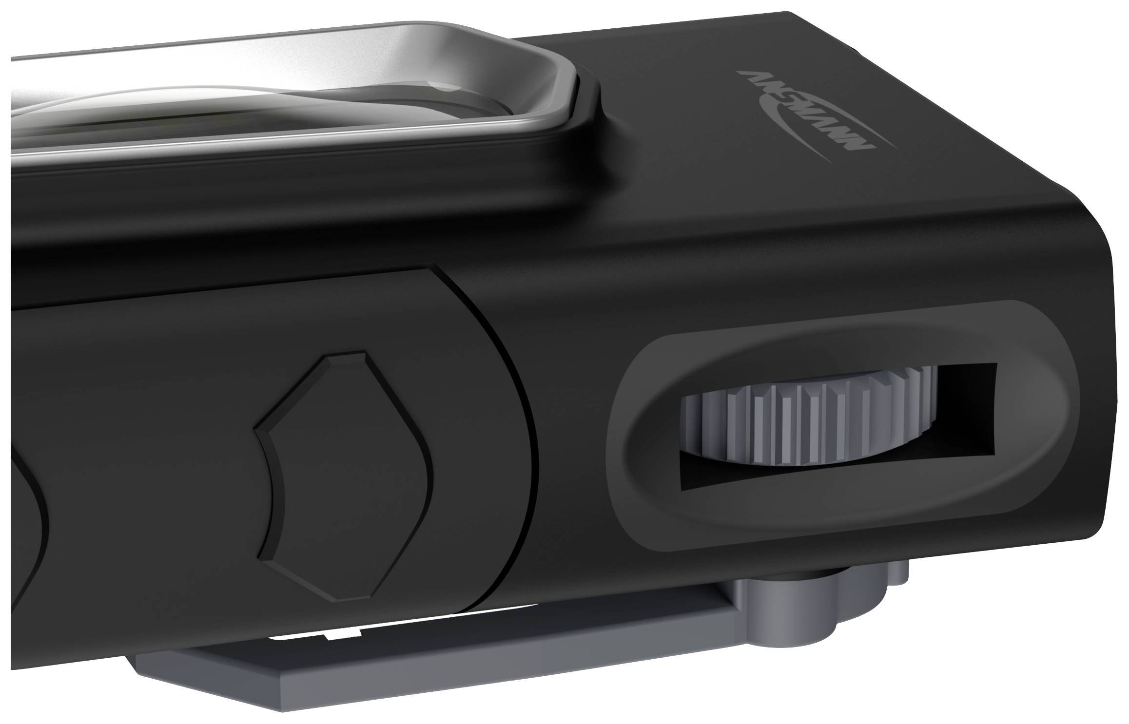 Gros plan d'un appareil électronique noir avec une molette de réglage et un clip.