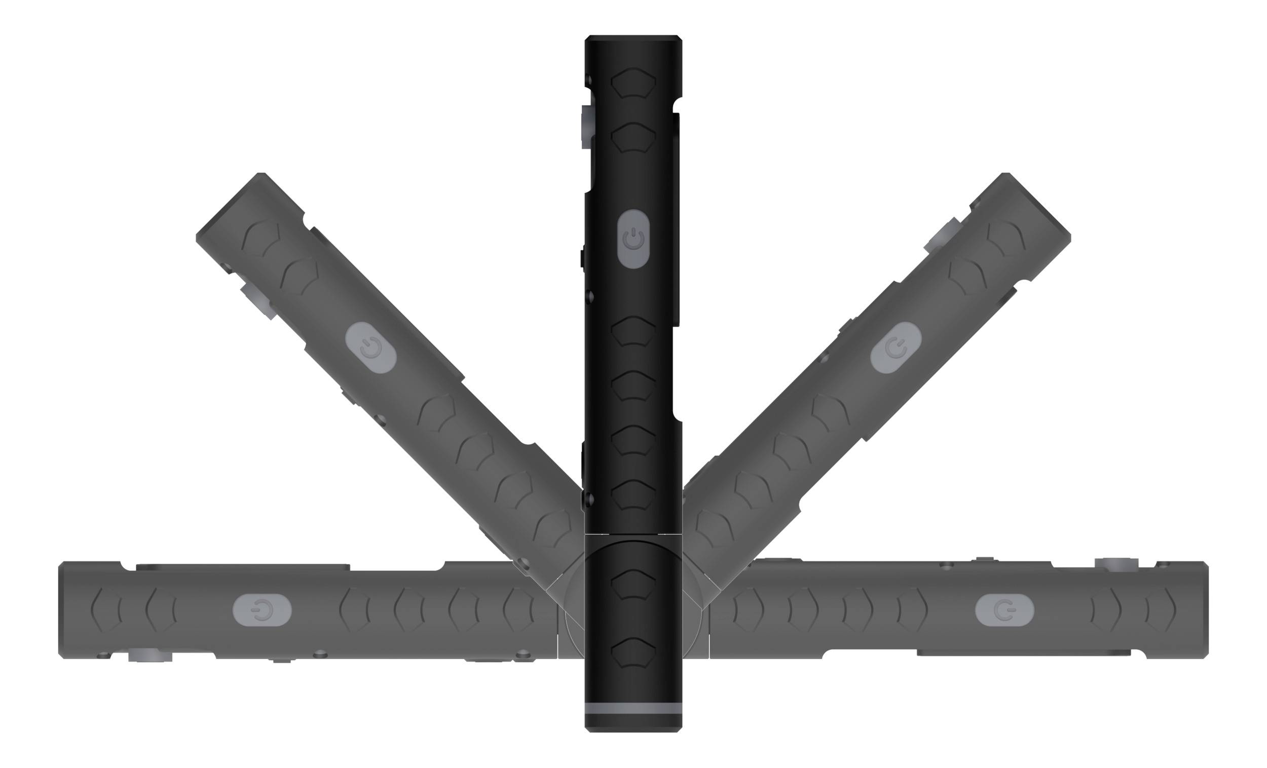 'Dispositif portable noir à rotation verticale avec touches, illustré sous plusieurs angles. Sert d'outil électronique portable.'
