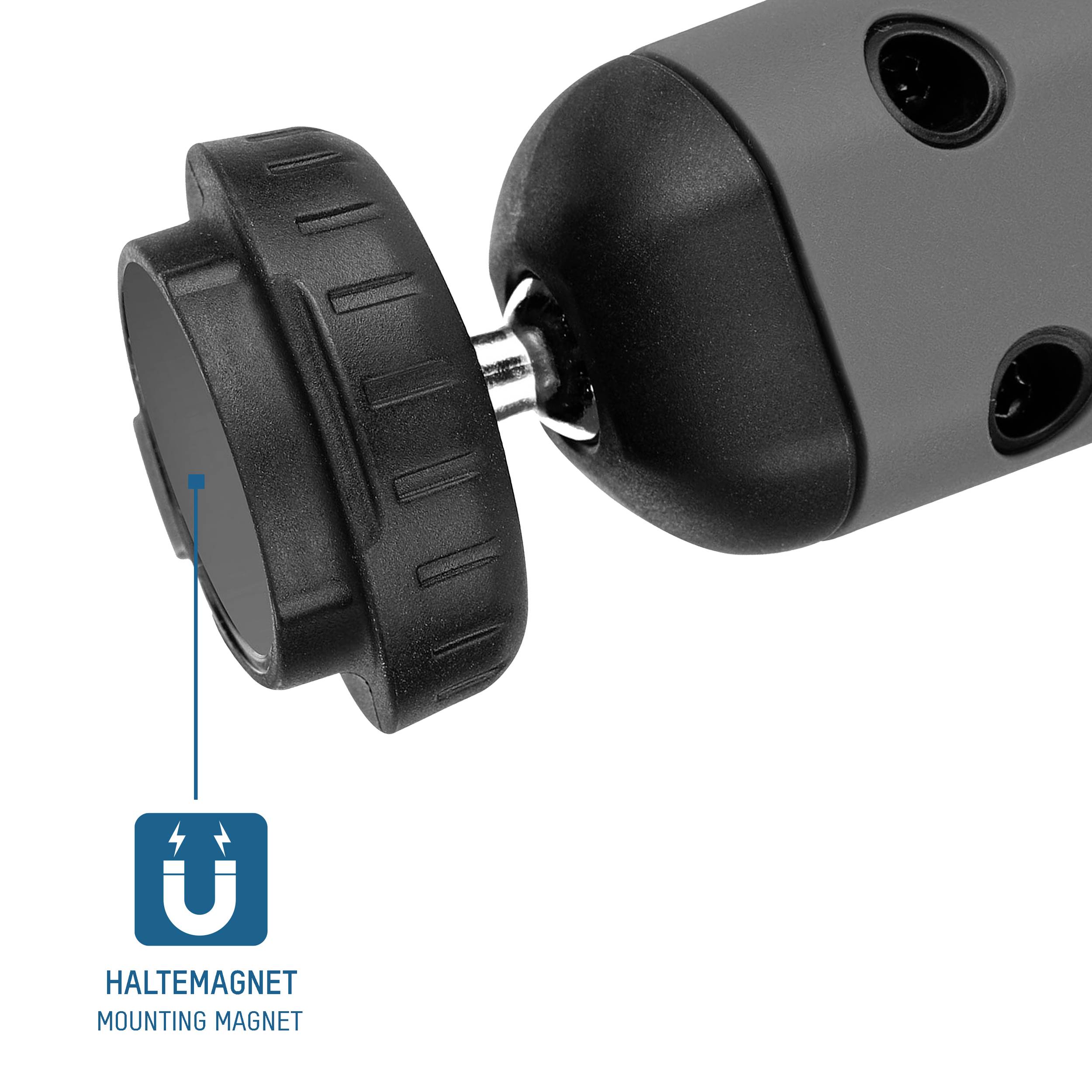 Un électro-aimant de maintien avec un boîtier cylindrique noir et un bouton rotatif, à côté duquel se trouve le symbole et le texte 'Électro-aimant de maintien'.