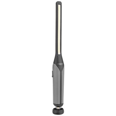 Lampe de travail LED portable en gris et noir, reposant sur une base ronde, adaptée aux ateliers ou comme solution d'éclairage polyvalente.